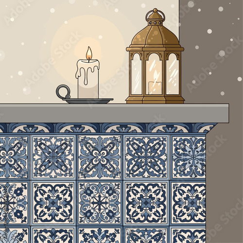 Winter cozy fireplace scene with candle and lantern on decorated tiled mantelpiece
