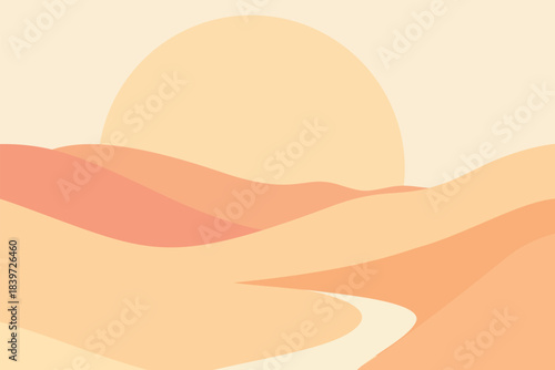 Abstract desert dunes landscape with giant warm sun in soft orange tones, modern flat vector illustration of sand hills, summer heat, calm minimal nature and dreamy sunset mood.​