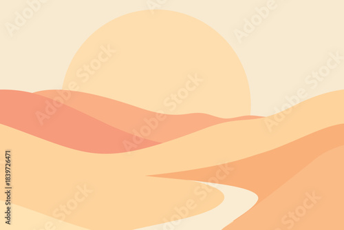 Abstract desert dunes landscape with giant warm sun in soft orange tones, modern flat vector illustration of sand hills, summer heat, calm minimal nature and dreamy sunset mood.​