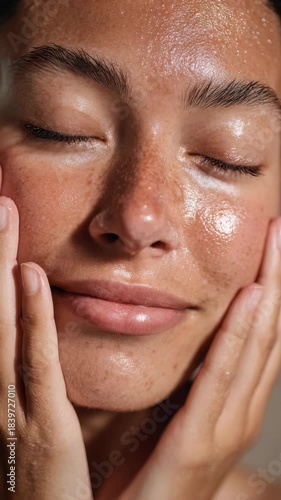 A serene woman with luminous, hydrated skin smiles softly while caressing her cheeks, embodying self care and wellness. The image captures freshness and modern skincare trends