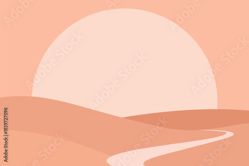 Minimal desert dunes landscape with winding path and giant soft sun, modern flat vector illustration of warm sand hills, summer heat, calm nature and dreamy sunset mood.​