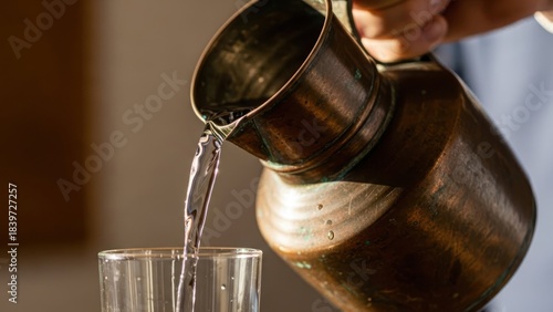 Hand pouring fresh water from rustic copper pitcher into clear glass, close-up