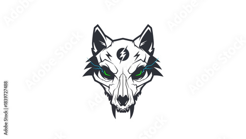 Intense Animal Skull Emblem: A striking illustration of a wolf skull, highlighted by piercing green eyes and a dramatic lightning bolt across its forehead.