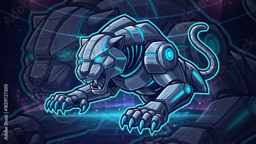 Cybernetic Panther: A fierce and futuristic depiction of a cybernetic panther, blending animalistic power with technological advancement, set against a dynamic and space-themed background.