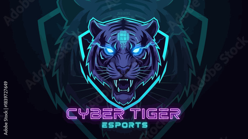 Cyber Tiger Esports: A fierce cyber tiger, its neon eyes blazing, embodying the spirit of competitive gaming with a powerful and modern aesthetic.
