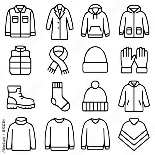 Winter Wardrobe Essentials: An assortment of line art icons depicting various items for staying warm, from coats to accessories, ideal for catalogs and design templates.