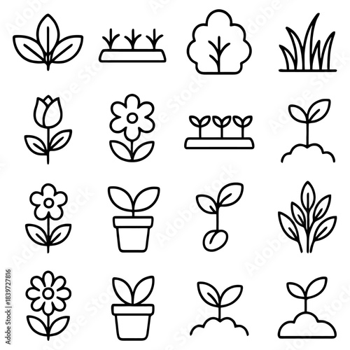 Nature's Palette: A collection of meticulously crafted botanical icons, each a testament to nature's elegance and diversity. Depicting a variety of flora from delicate petals to verdant leaves