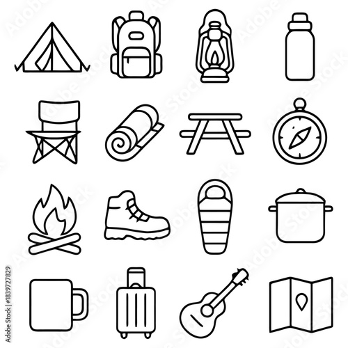 Camping Essentials Icon Set: A comprehensive collection of iconic illustrations showcases camping essentials, from tents and backpacks to compasses and guitars.