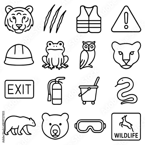 Safety Icons Collection: A curated collection of essential safety icons, including a tiger, claw mark, high visibility vest, warning sign, hard hat, frog, owl, cougar, exit sign, fire extinguisher.