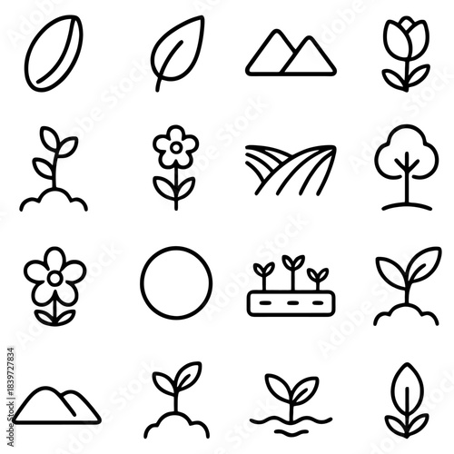 Nature's Visual Symphony: A collection of meticulously drawn, simple outline icons celebrates the beauty of natural elements, presenting the seed, leaf, mountain, flower, tree, sun, meadow.