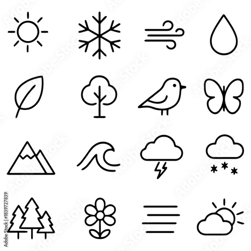 Environmental Elements: A collection of meticulously crafted outline icons representing diverse environmental elements. Perfect for visual communication.