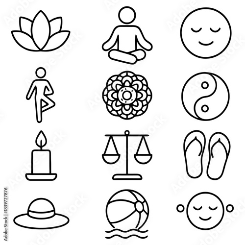 Zen Icons: Simple outline drawings representing meditation, serenity, and balance, with a lotus flower, a person in a yoga pose, and a yin-yang symbol. These symbols represent peace and harmony.