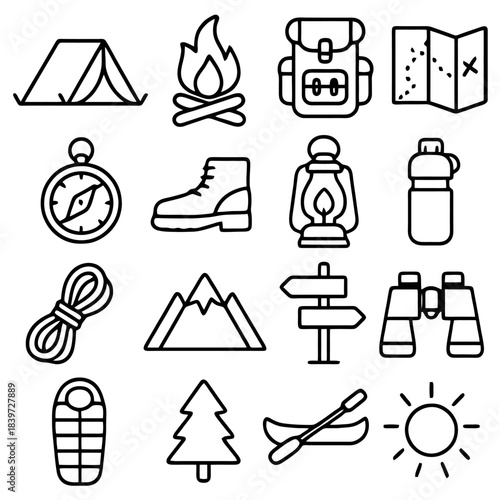Camping and Adventure Essentials: An illustrated collection of essential outdoor and camping gear arranged in a grid, symbolizing the spirit of exploration and adventure.