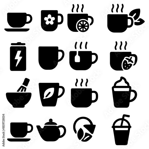Diverse Collection of Hot Beverage Icons: A varied assortment of stylish icons depicting an array of delightful hot drinks, perfect for any cafe, food blog, or culinary-themed design project. 