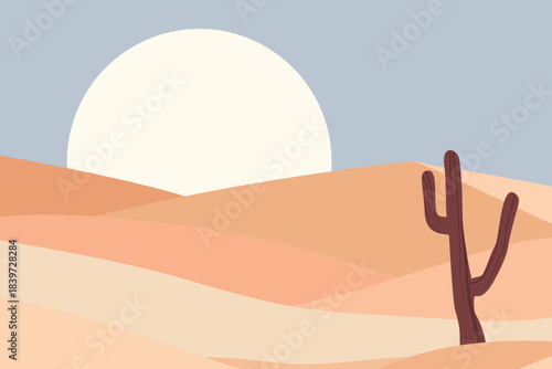 Minimal desert scene with tall cactus and rolling sand dunes under giant pale sun and blue sky, modern flat vector illustration of arid wilderness, summer heat and calm nature.​