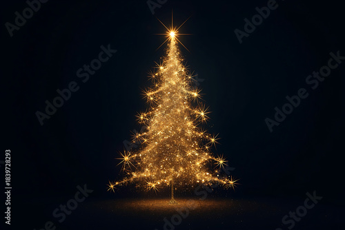 Glowing Christmas Tree Radiating Sparkling Light on a Deep Dark Background with Smooth Atmospheric Shadows, Providing Perfect Copy Space for Festive Greetings, Holiday Promotions, or Seasonal Branding