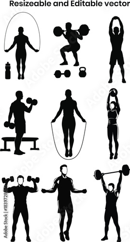 Fitness workout gym silhouette vector set .