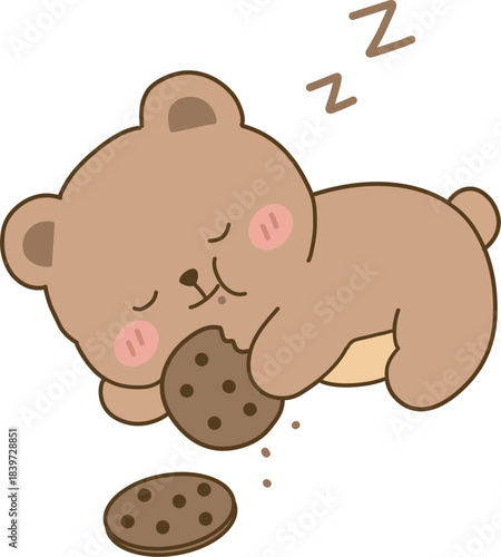 A sleepy bear falling asleep while eating cookies.