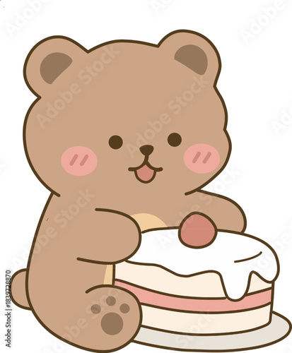A cute bear gently placing a cherry on a finished cake vector