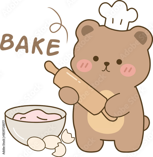 A little chef bear mixing batter with eggs and a bowl in front of him.