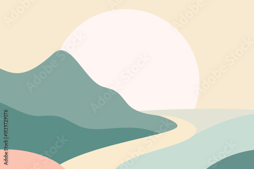 Abstract mountain landscape with soft green hills, winding path and giant pale sun, modern flat vector illustration of calm nature, freedom and minimal scenic travel.​