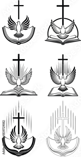 Christian cross dove bible holy spirit emblem vector set .
