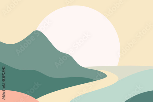 Abstract mountain landscape with soft green hills, winding path and giant pale sun, modern flat vector illustration of calm nature, freedom and minimal scenic travel.​