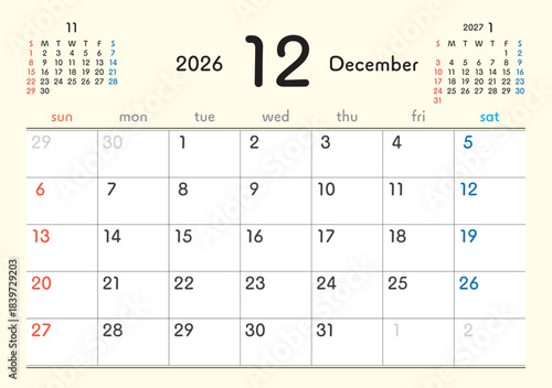 2026年カレンダー12月