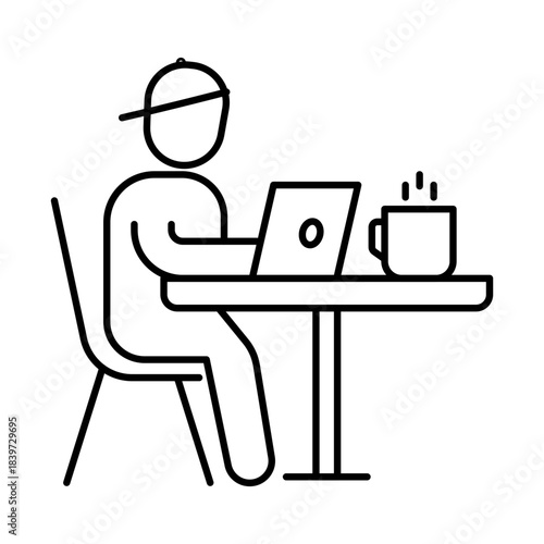 Coffee Shop Workspace Icon, Laptop - Coffee Shop Setting, Flexible Work, Digital Nomad Life, Remote Work Culture, AI Integration, Editable Stroke.