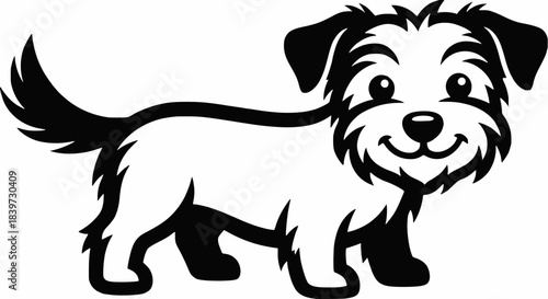 Happy Adorable Monochrome Dog Vector Art Illustration: High-Contrast Black and White Cartoon of a Cute Terrier Puppy with Clean Lines and Flat Design for Logo, Clipart, or Pet Shop Branding