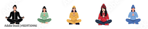 Yoga Meditation Flat Vector Women Praying Winter Outfit Character Set