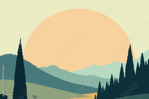 Sunrise over rolling green hills with tall cypress forest, modern flat vector landscape illustration of peaceful countryside nature, rural travel and calm summer morning.​