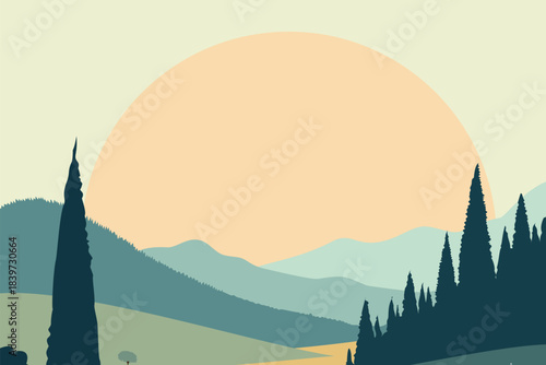 Sunrise over rolling green hills with tall cypress forest, modern flat vector landscape illustration of peaceful countryside nature, rural travel and calm summer morning.​