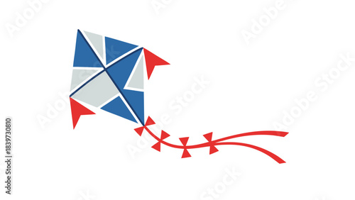 Geometric Kite with Blue Gray and Red Panels Flying Against a Black Background with Red Streamers