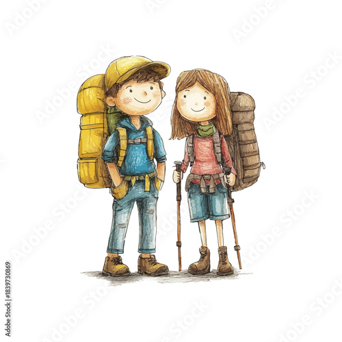 hiking couple hand drawn vector illustration