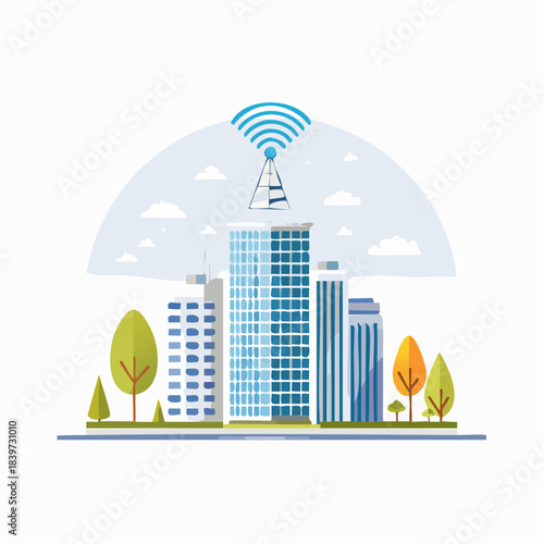 Modern Cityscape with Wireless Communication Tower Illustration.