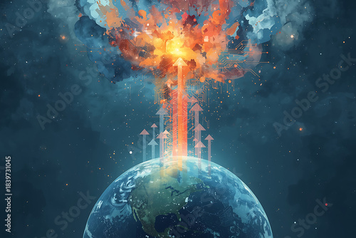 Rising Global Warming Concept Illustrated with a Heating Planet, Climatic Change Indicators, and Growing Environmental Impact, Symbolizing the Urgent Need for Global Action and Awareness.