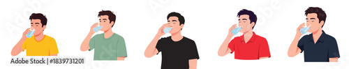 Drinking Water Flat Vector Man Hydration Healthy Lifestyle Illustration Set