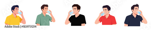Drinking Water Flat Vector Man Hydration Healthy Lifestyle Illustration Set