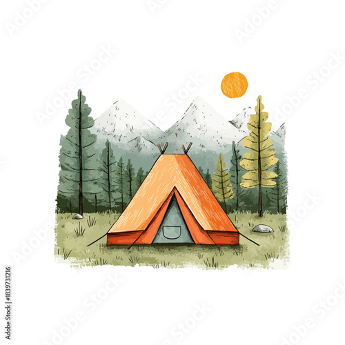 tent camp with mountain view hand drawn illustration