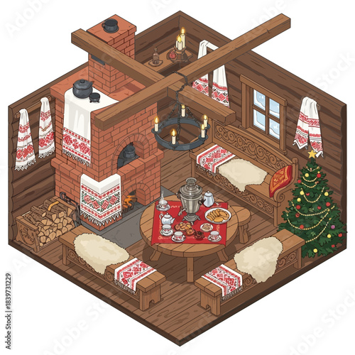 Cozy Christmas-themed Room with Fireplace and Decorated Tree for Festive Holiday Atmosphere