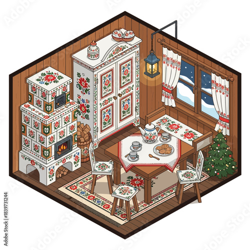 Cozy Christmas-themed vintage room with decorated tree and quilted furniture