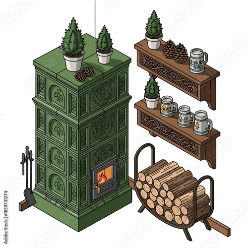 cozy indoor scene featuring a traditional green tiled stove with decorative wood and storage shelves
