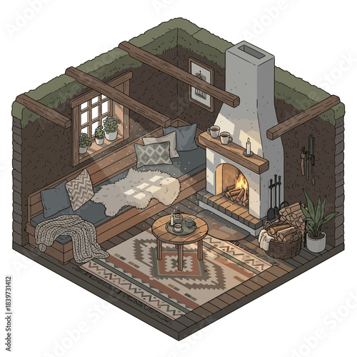 cozy rustic living room interior with fireplace and vintage decor scene