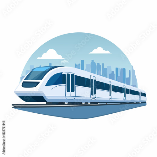 Modern HighSpeed Train on Tracks with Cityscape.