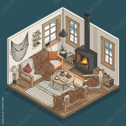 Cozy rustic living room with fireplace, armchair, sofa, and decorative accents in isometric view
