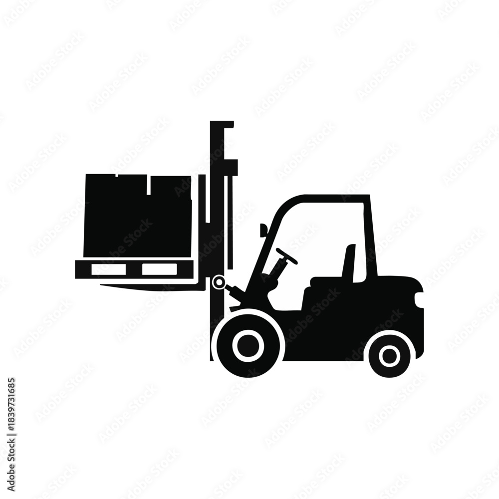 Fototapeta premium Black silhouette of forklift lifting a pallet with boxes.