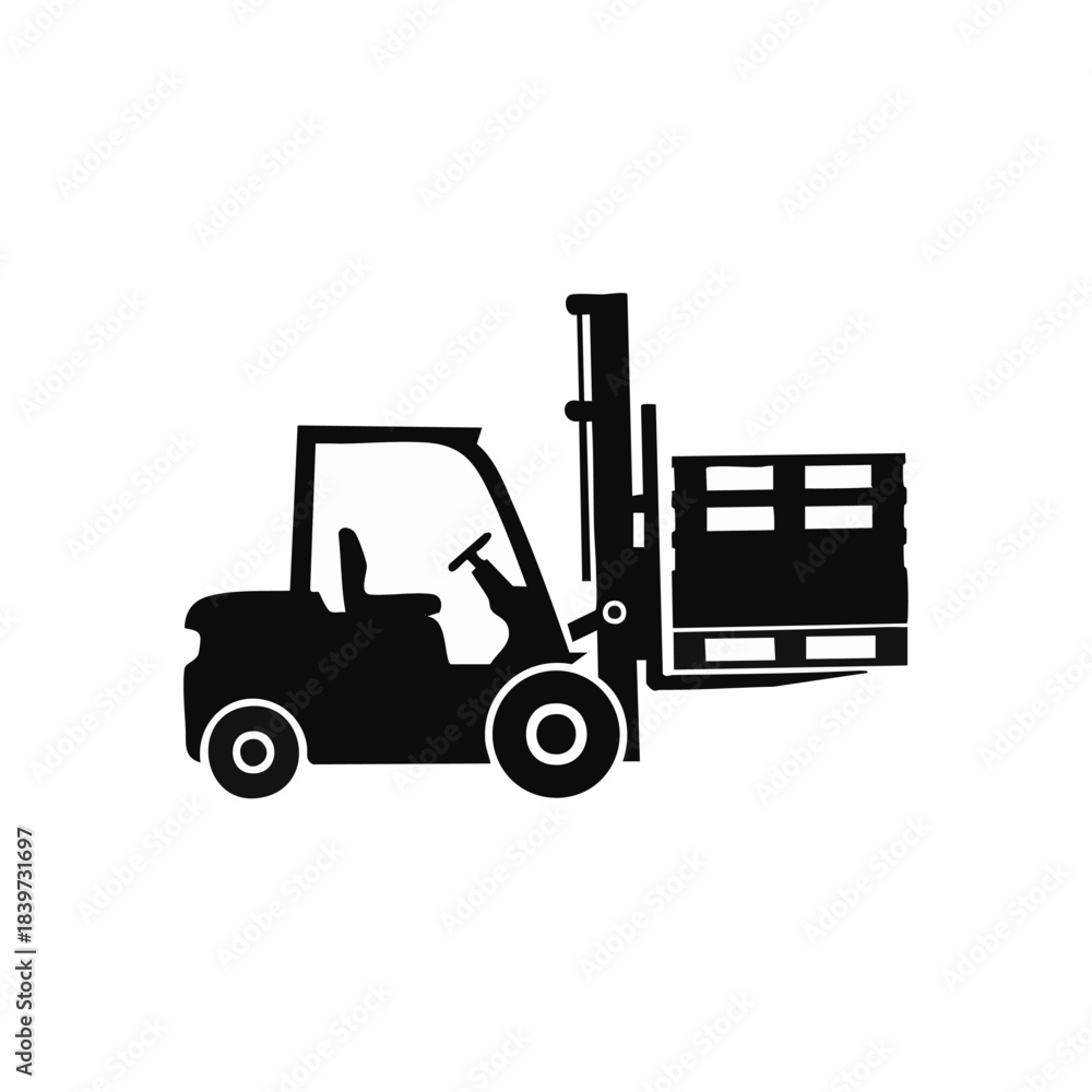 Fototapeta premium Black silhouette of a forklift carrying a pallet in side view.