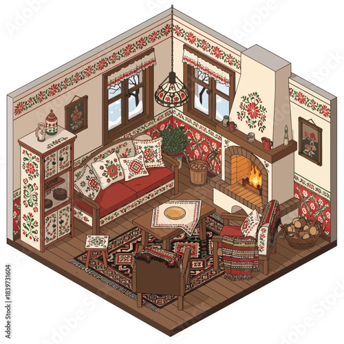 cozy traditional living room with vintage furniture and fireplace decor with floral wallpaper and