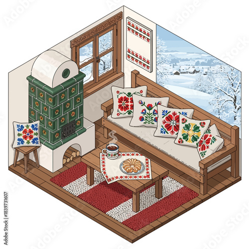 cozy traditional living room with wooden furniture and decorative cushions in a snowy winter scene